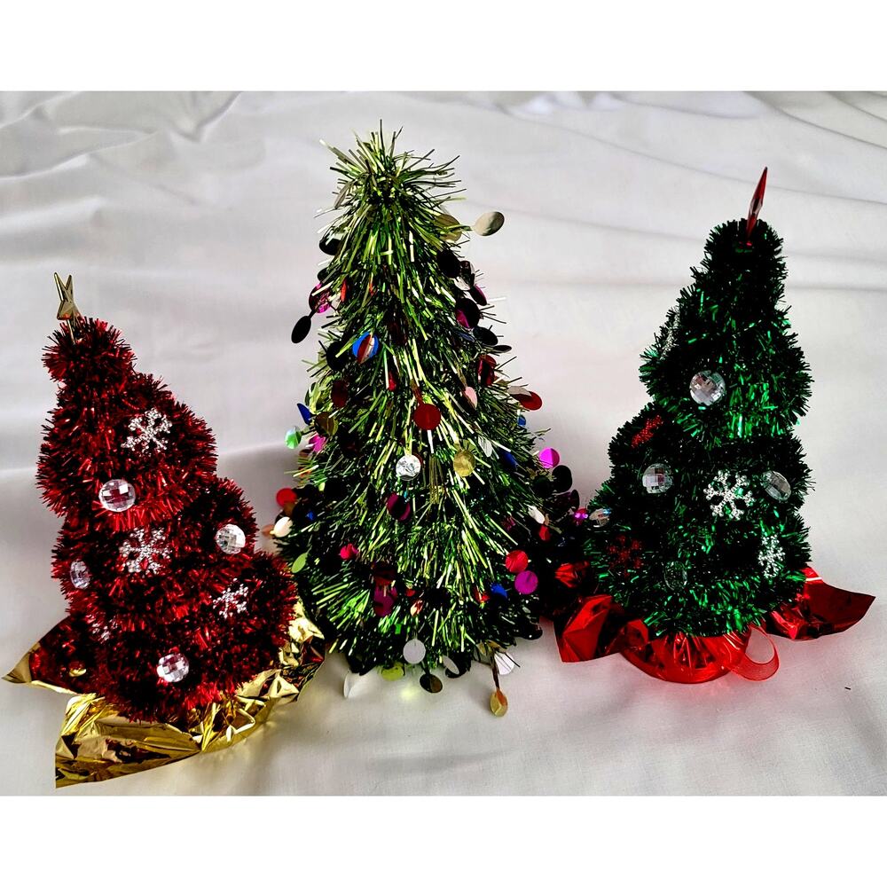 3 Vintage Foil Tinsel Christmas Trees Assorted Sizes and Colors Plastic Frames